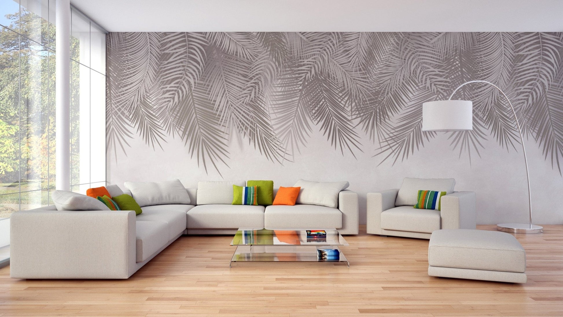 Contemporary palm frond wall mural for interiors
