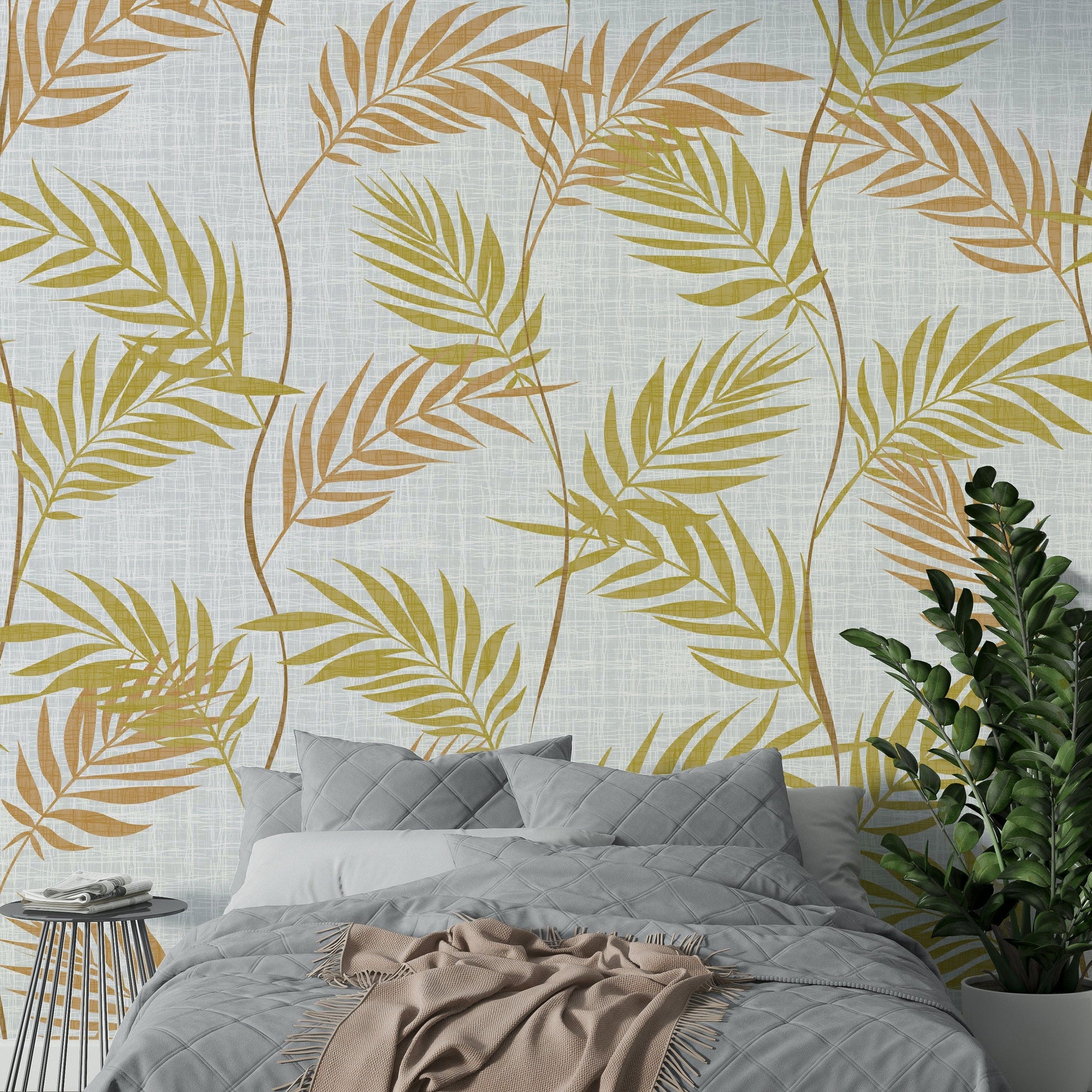 Soft green and gold palm leaves wallpaper

