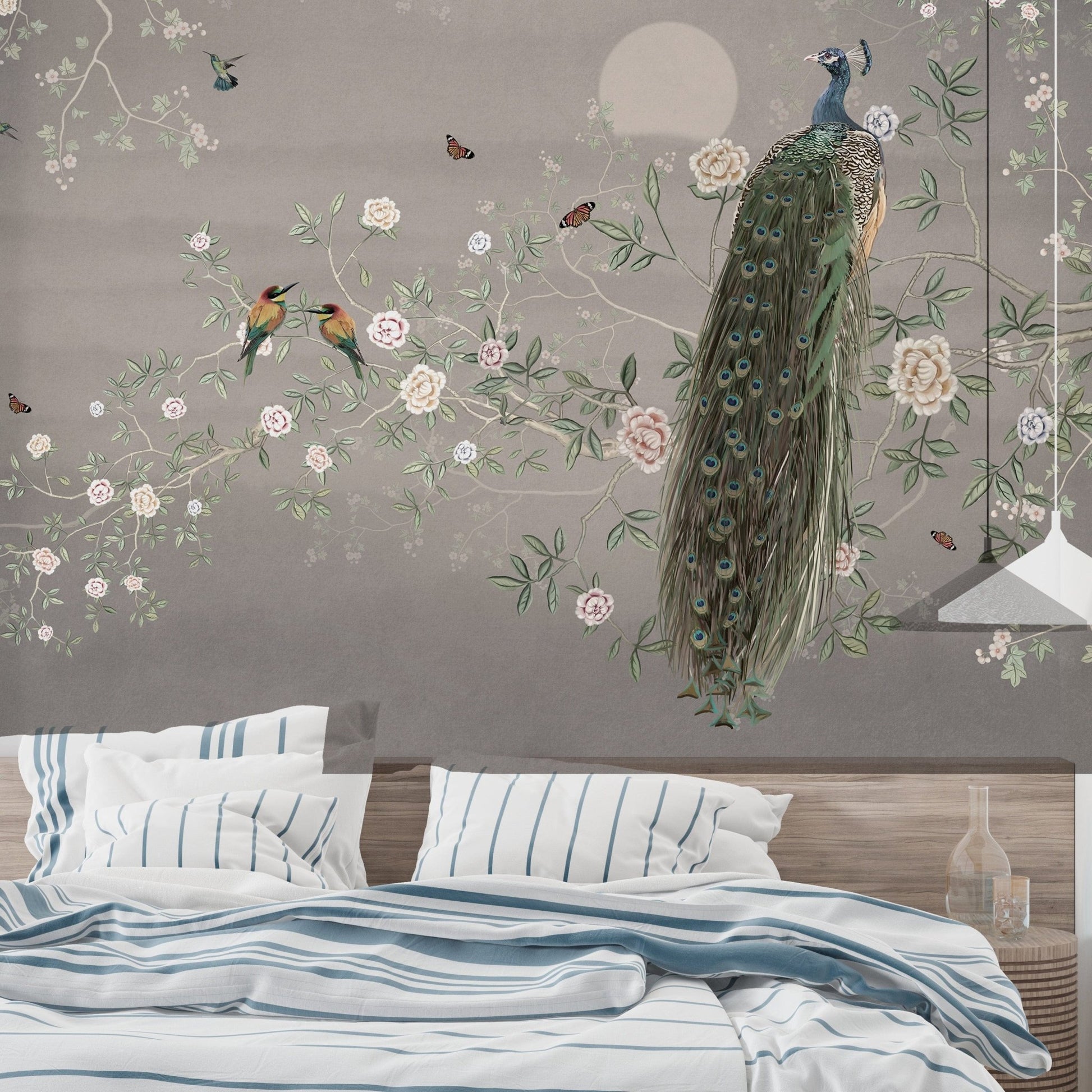 Majestic peacock on floral branches
