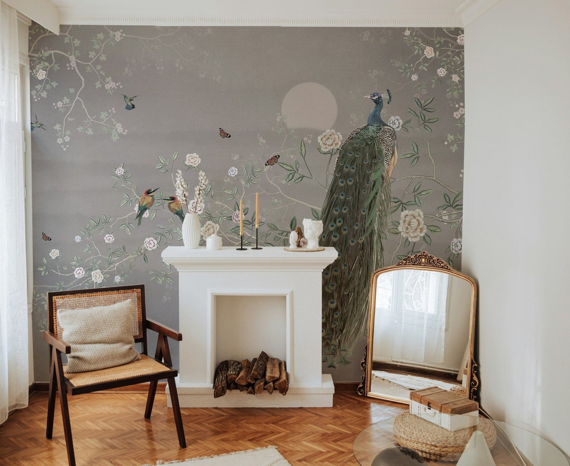 Peacock and flowers wall mural
