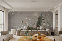 Floral garden wallpaper with peacock
