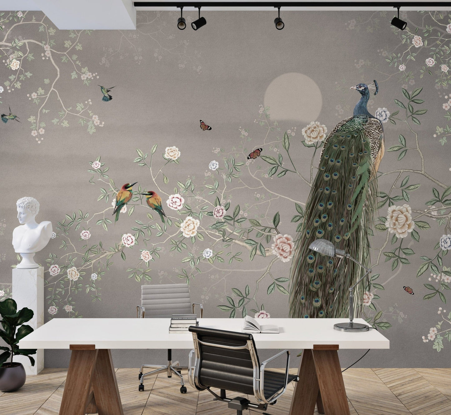 Peacock wallpaper with garden birds
