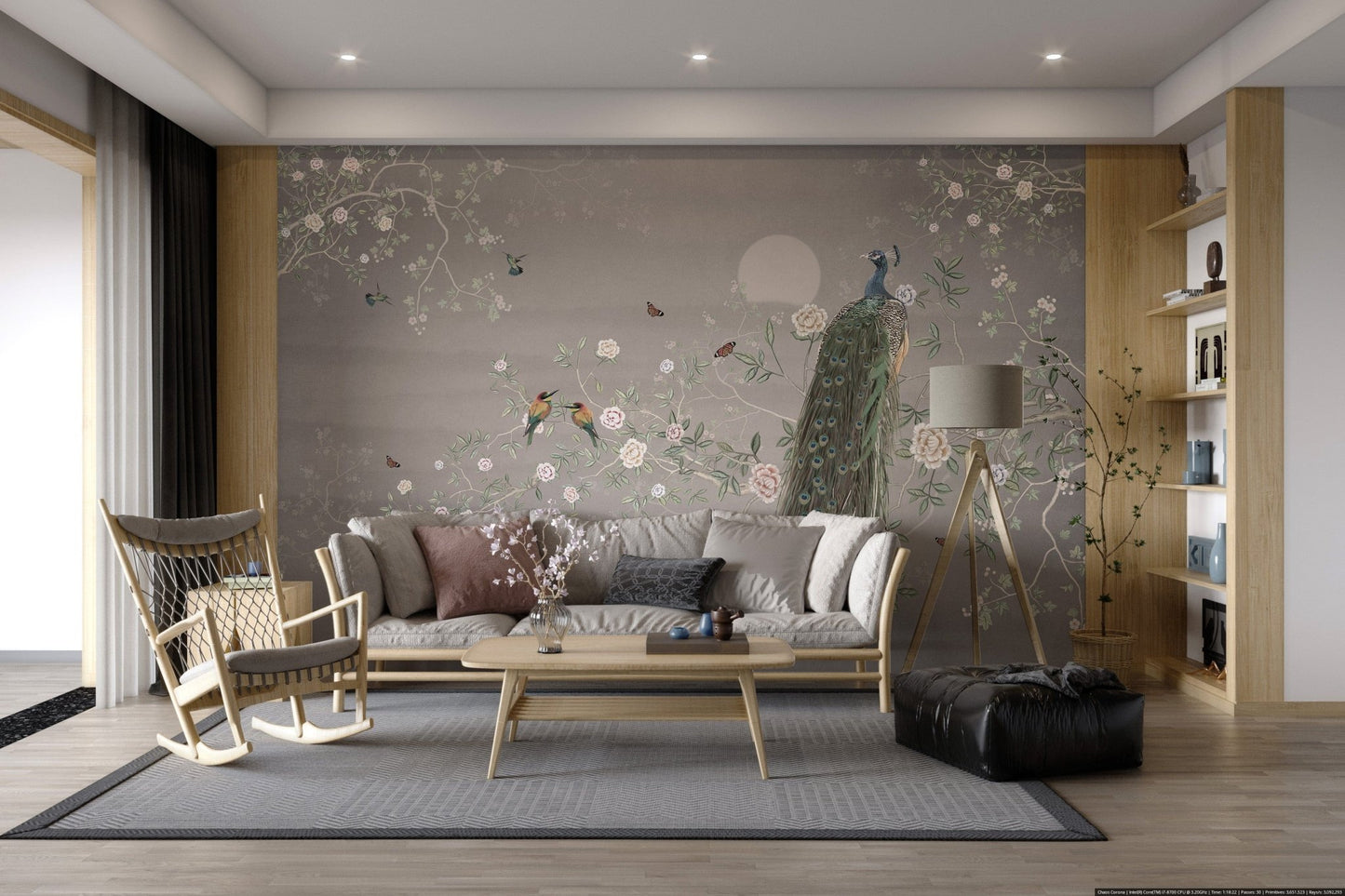 Detailed peacock feathers wall design
