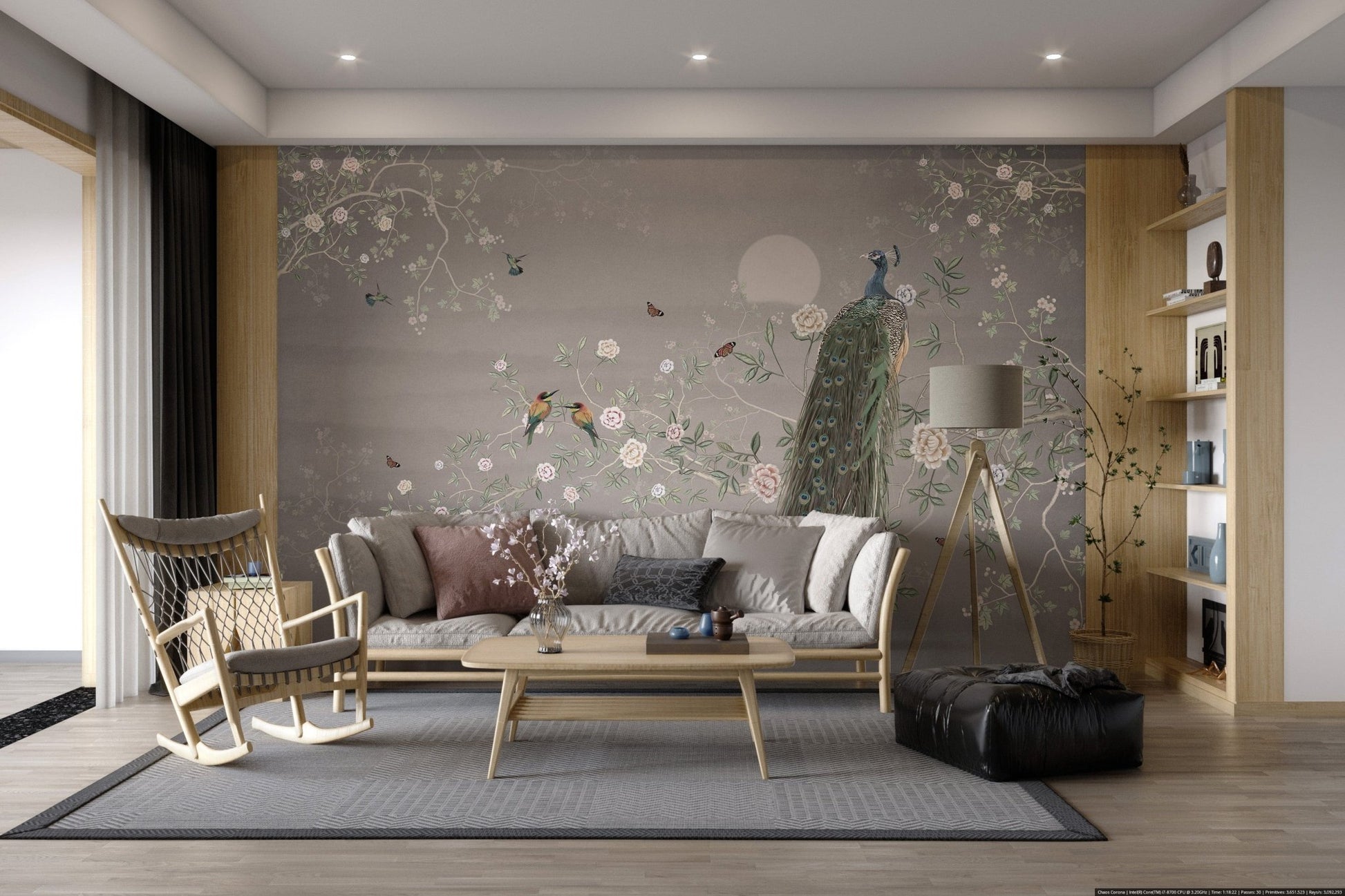 Detailed peacock feathers wall design
