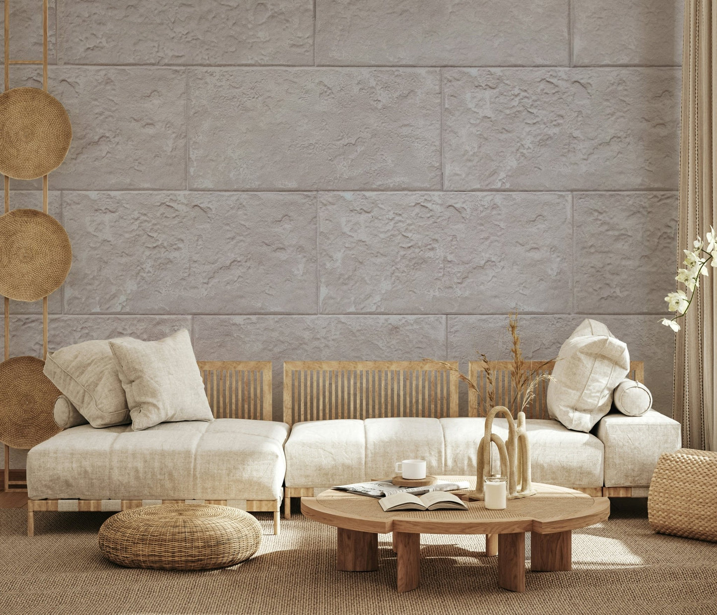 Textured white stone on the Elegant Stone Blocks wallpaper for walls, full view.