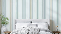 Entryway wall mural in a soft coastal stripe pattern

