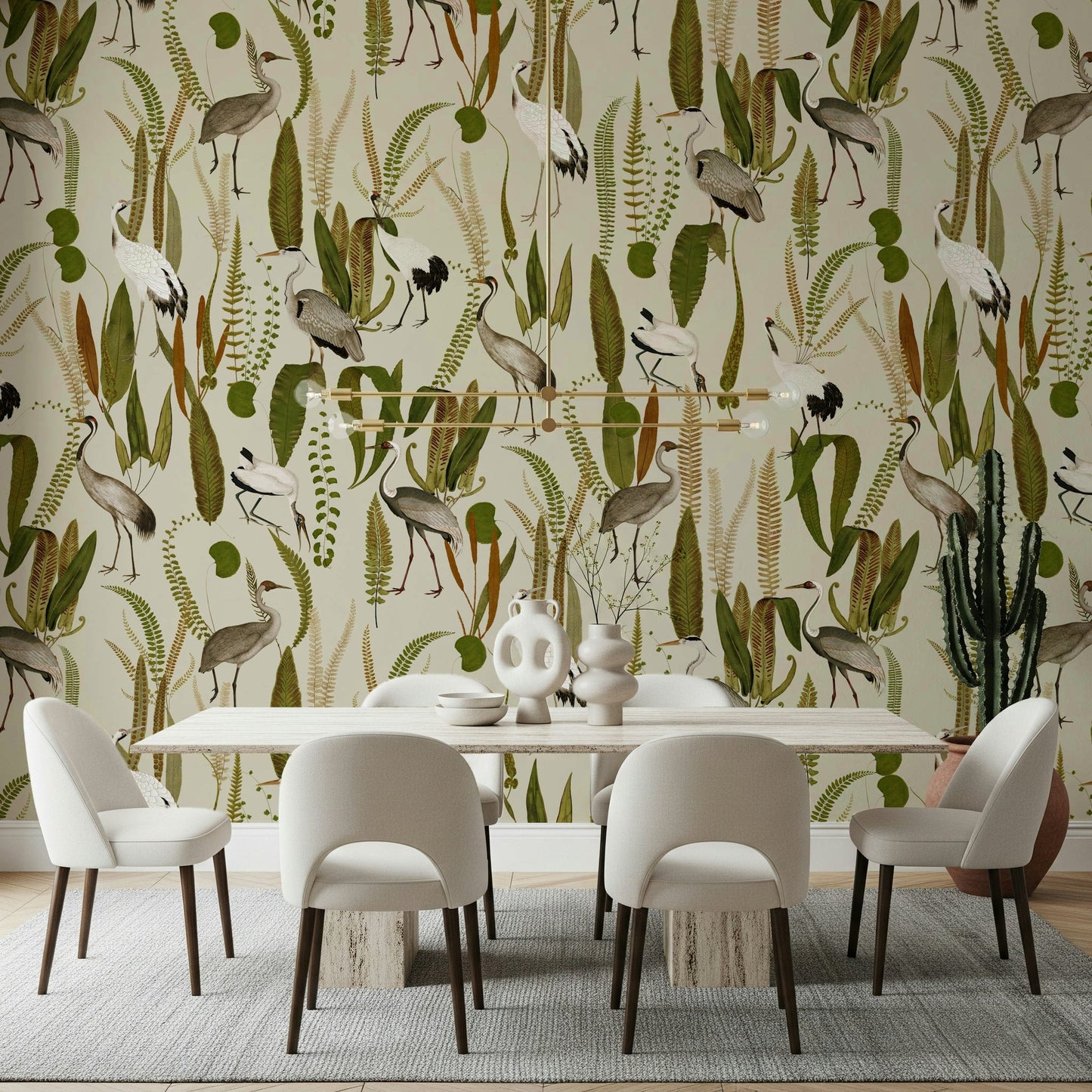 Elegant Vintage Crane Garden Wall Mural in a sophisticated dining room.