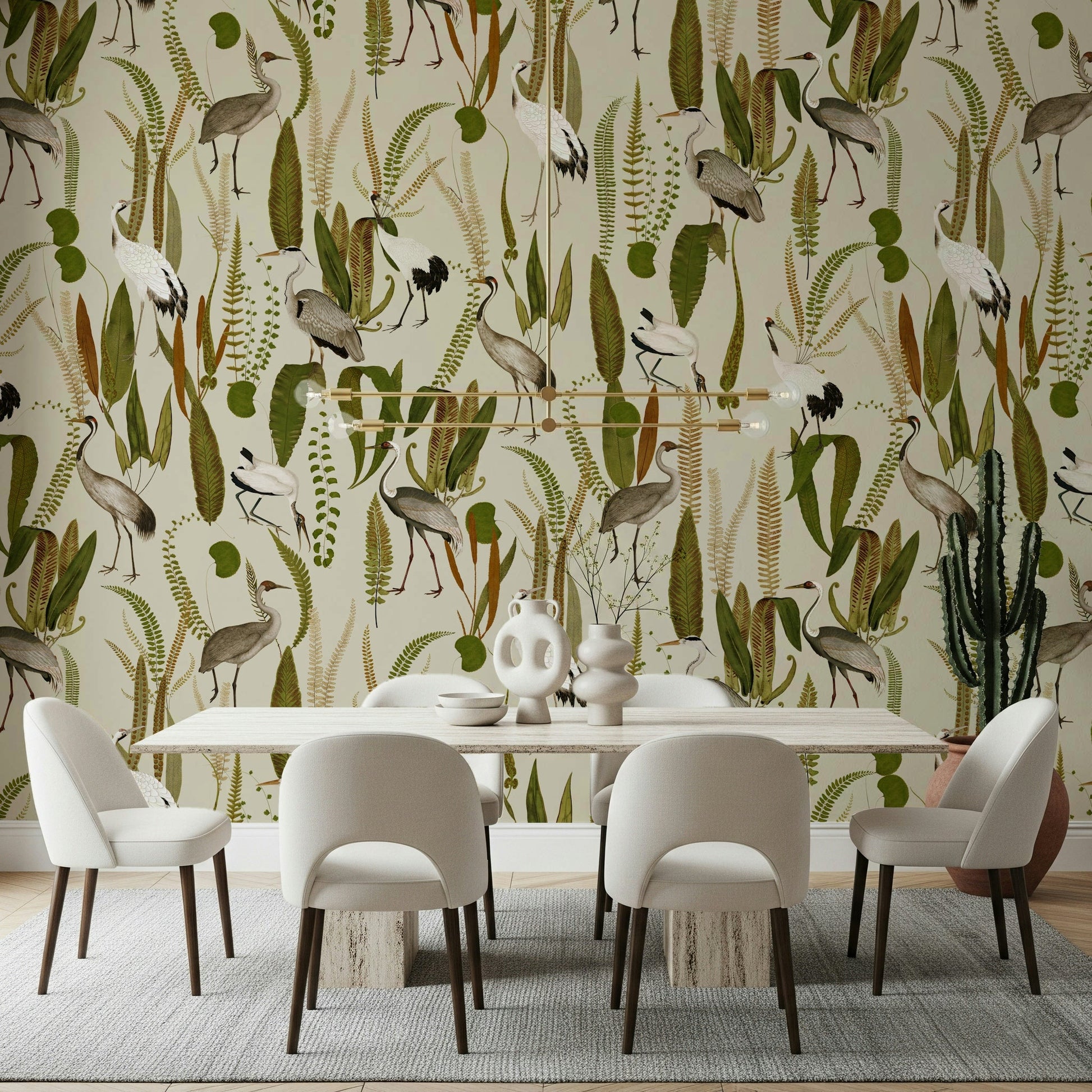 Elegant Vintage Crane Garden Wall Mural in a sophisticated dining room.