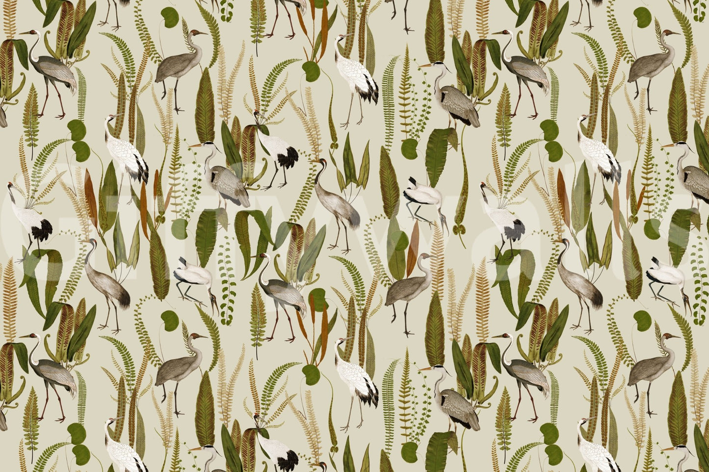 Artistic crane design in the Elegant Vintage Crane Garden Wall Mural.