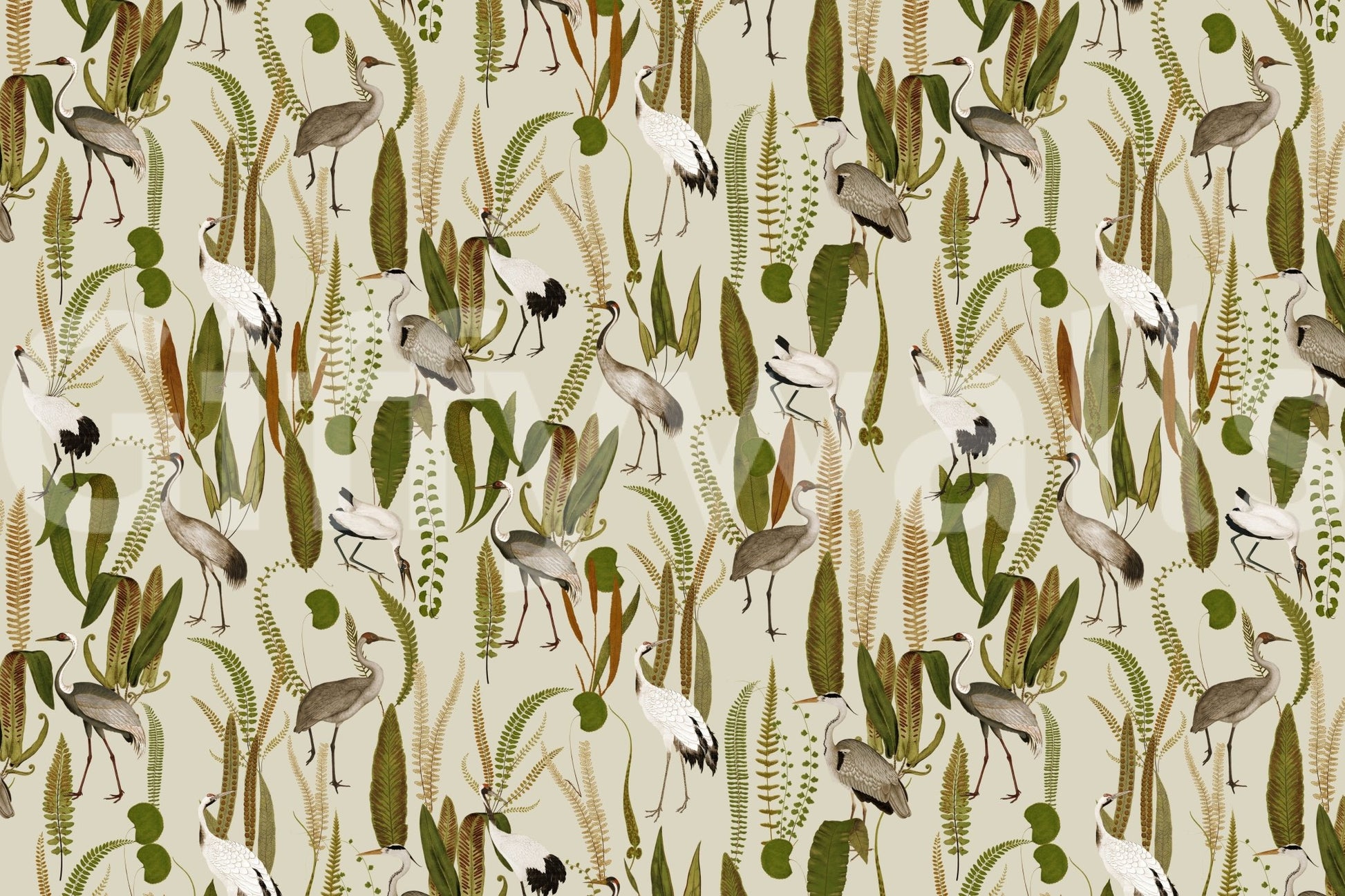 Artistic crane design in the Elegant Vintage Crane Garden Wall Mural.