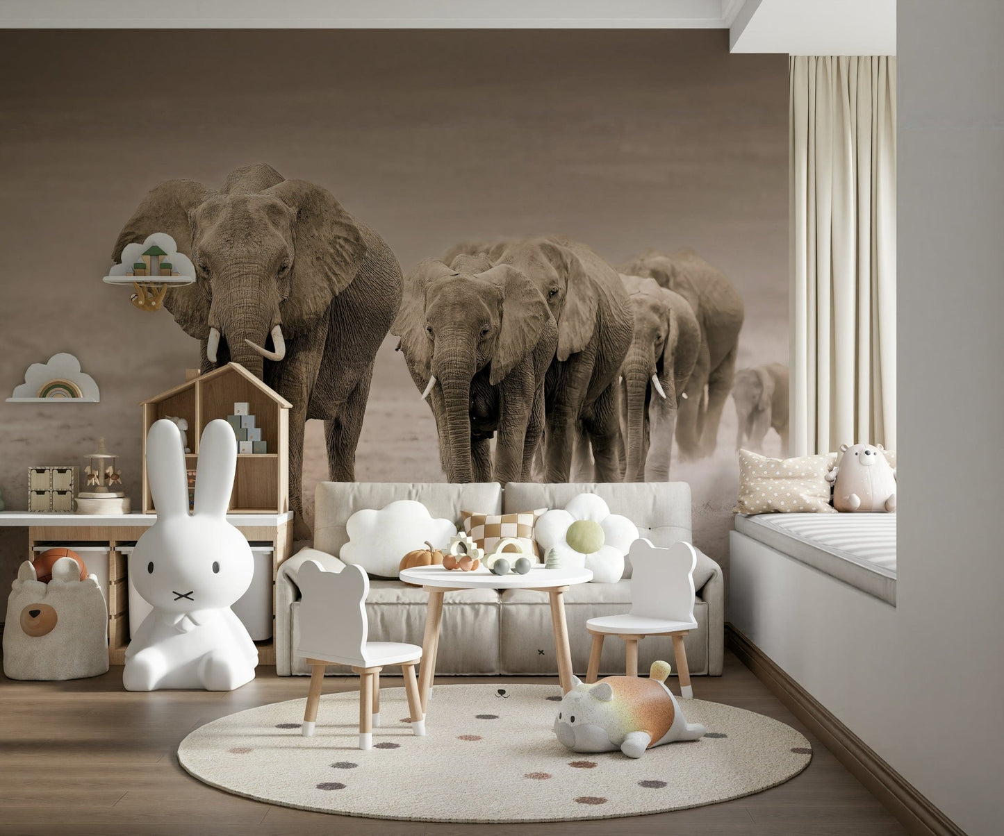 A calming abstract design wallpaper mural that defines a space.