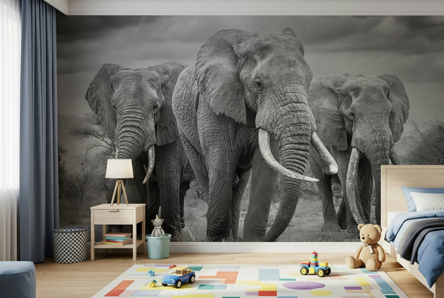 A contemplative gentle elephant wallpaper mural for a feature wall.