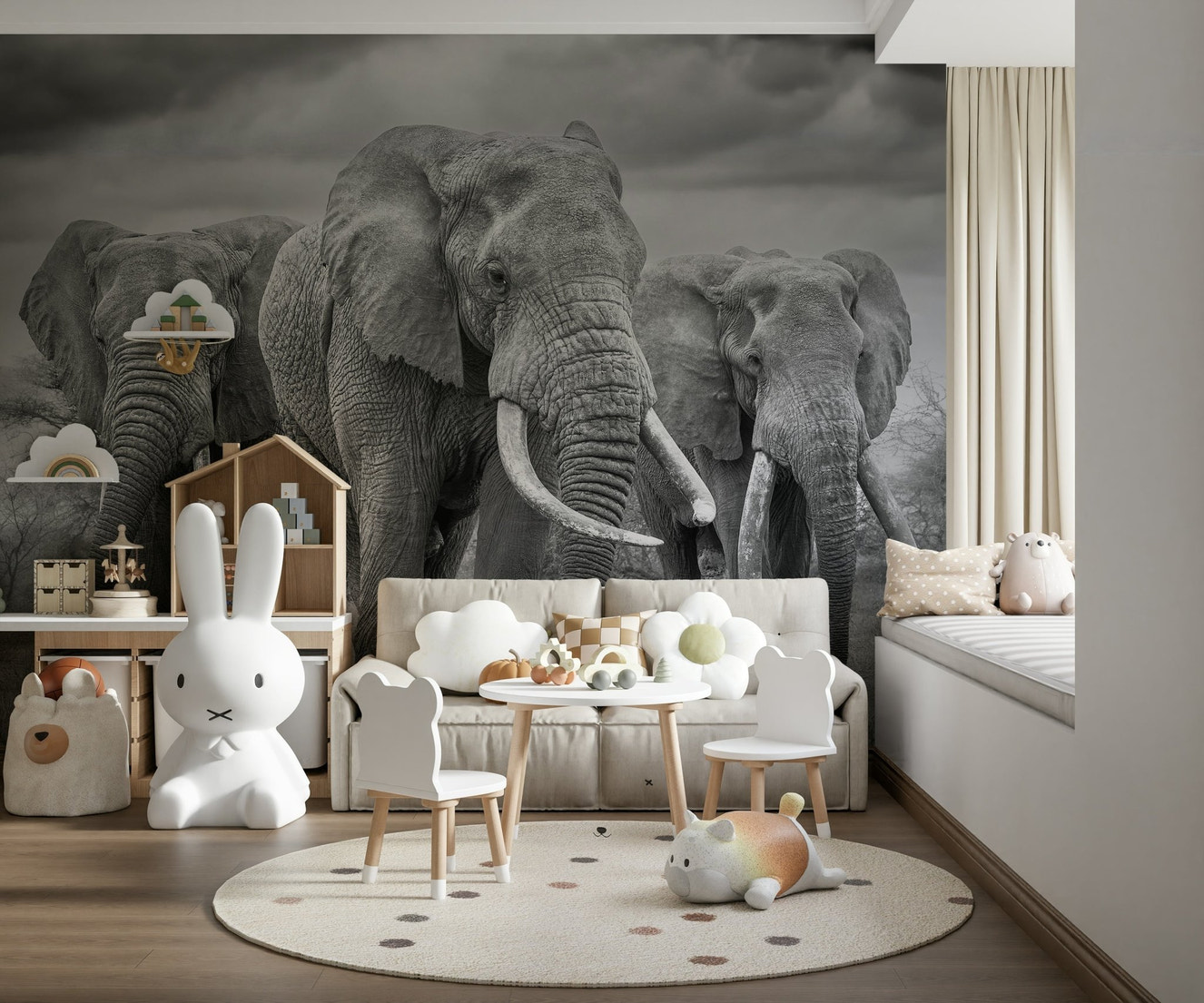 A beautiful majestic elephant wallpaper mural with a sophisticated, artistic feel.