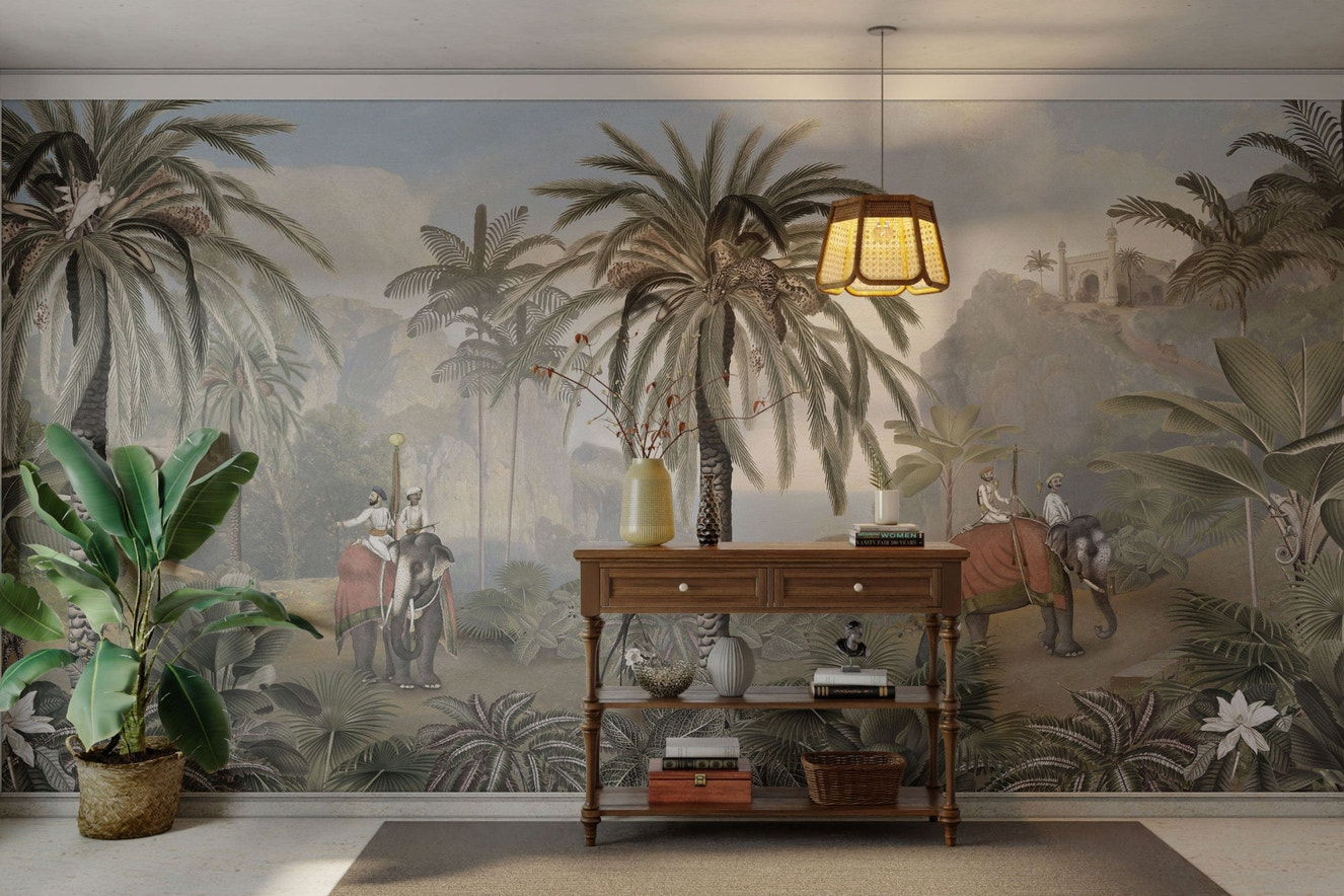 Elephant Ride Adventure in Vintage Forest Wallpaper