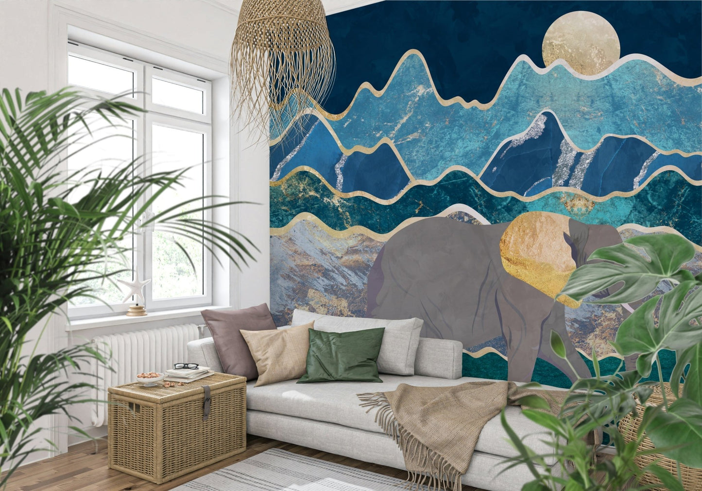 A beautiful elephant vista wallpaper mural with subtle safari animals.