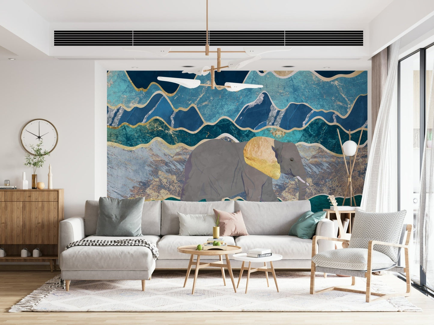 A peaceful wildlife scene mural on decorative wallpaper.