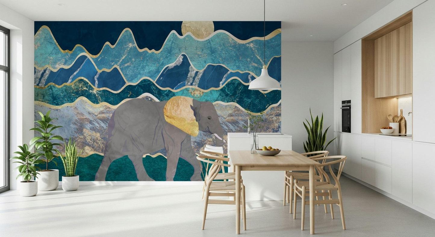 A beautiful wide-angle wall mural of an elephant in the wild.