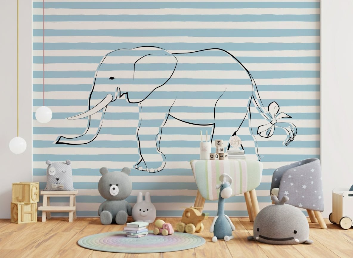 An artistic cute elephant mural on minimalist wallpaper.