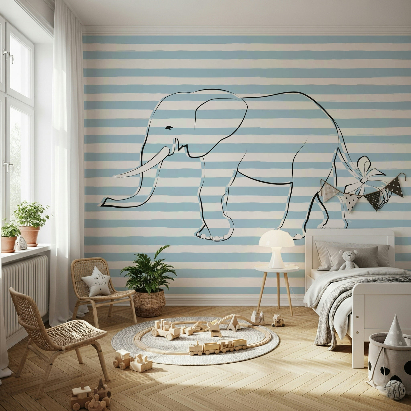 A beautiful whimsical elephant wallpaper mural wearing a bow or accessory.