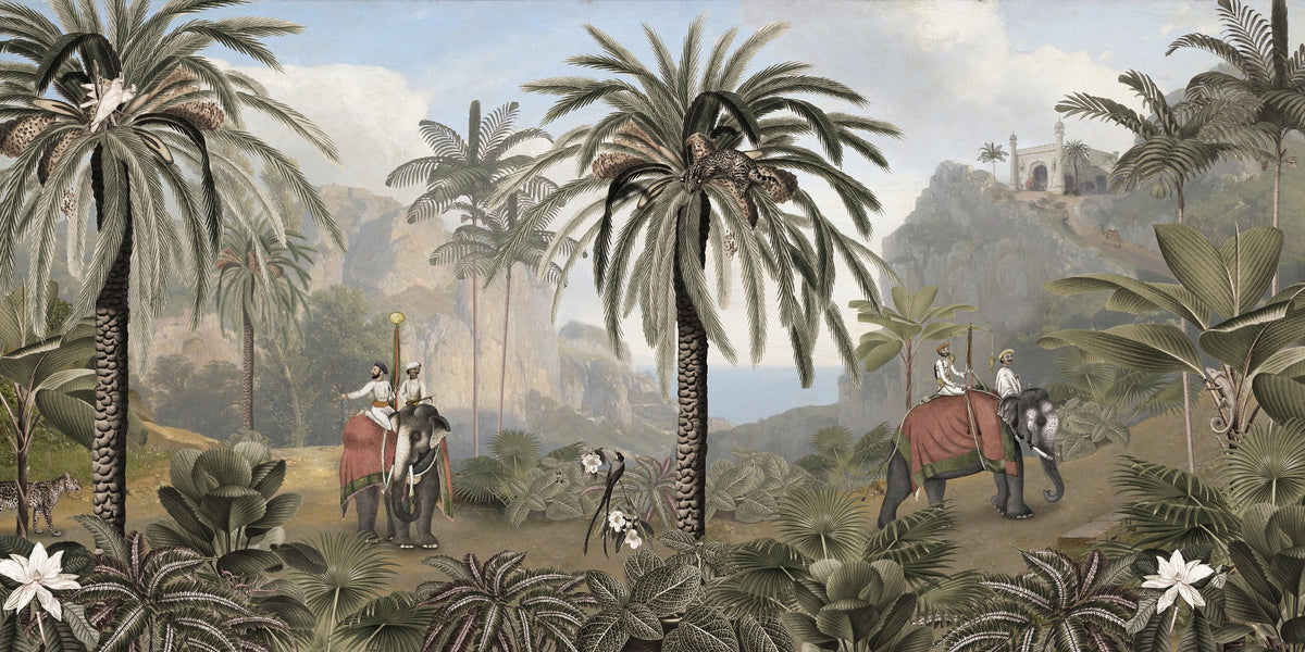Elephant Ride Adventure in Vintage Forest Wallpaper in your room — zoomed