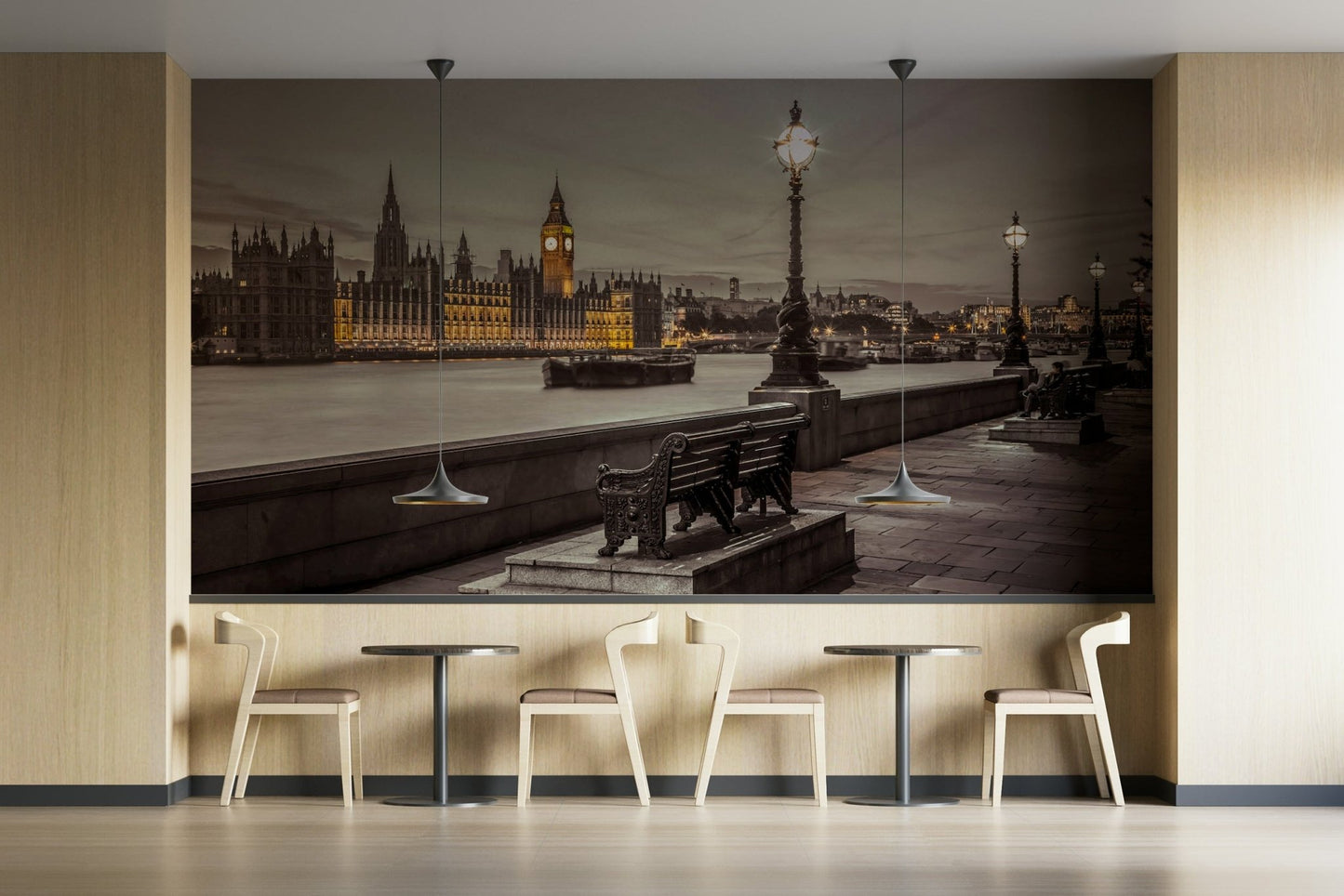 Tranquil Embankment Bench Mural for Cozy Rooms

