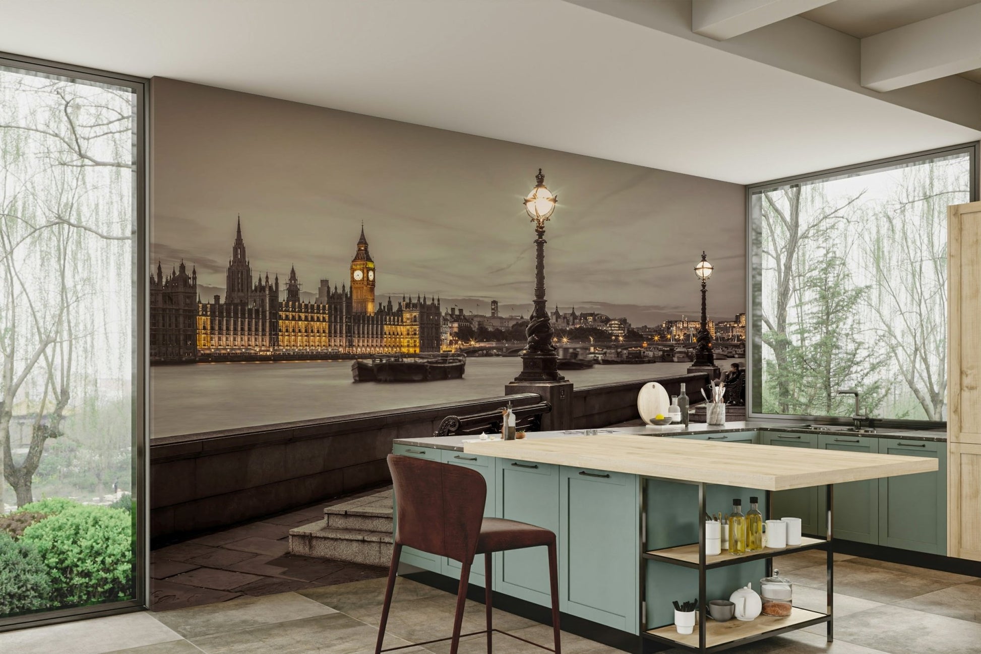 Embankment Bench Wall Mural for Serene Spaces

