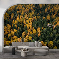From above, Emerald and Gold Forest Canopy wall mural reveals layered yellow and green trees.GD9602