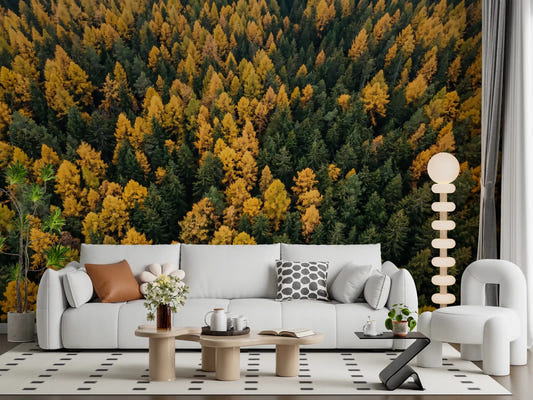 Emerald and Gold Forest Canopy wall mural turns the living room into an aerial forest view.GD9602