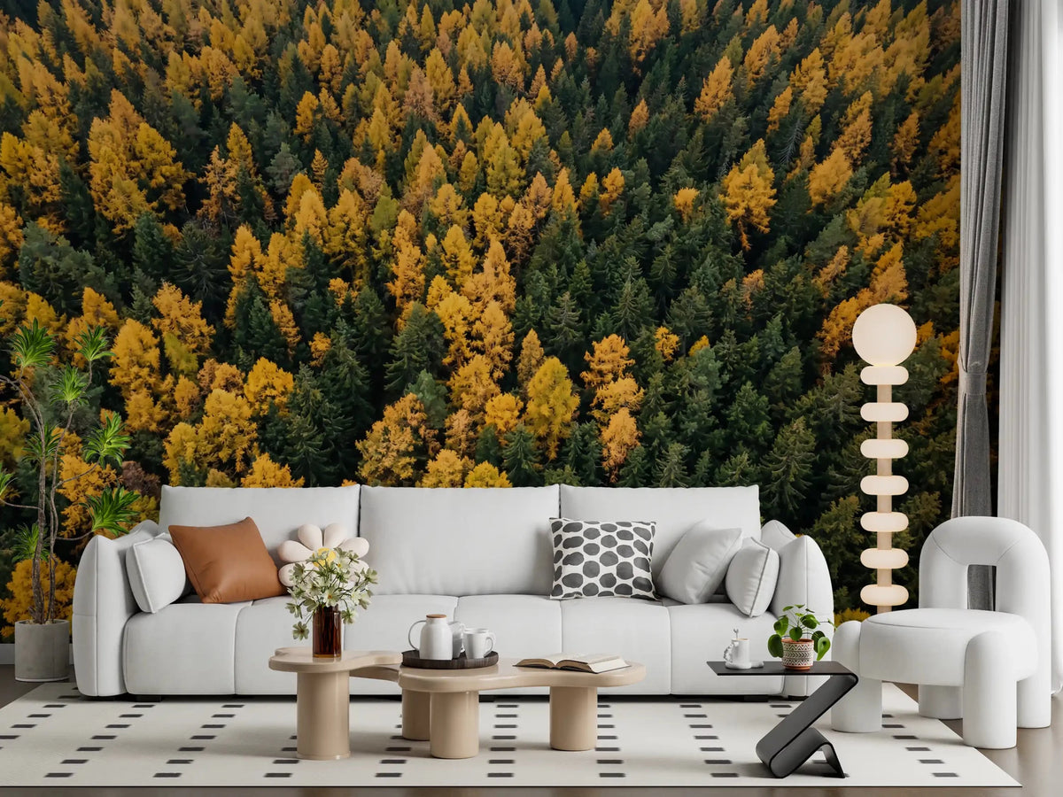 Emerald and Gold Forest Canopy wall mural turns the living room into an aerial forest view.GD9602