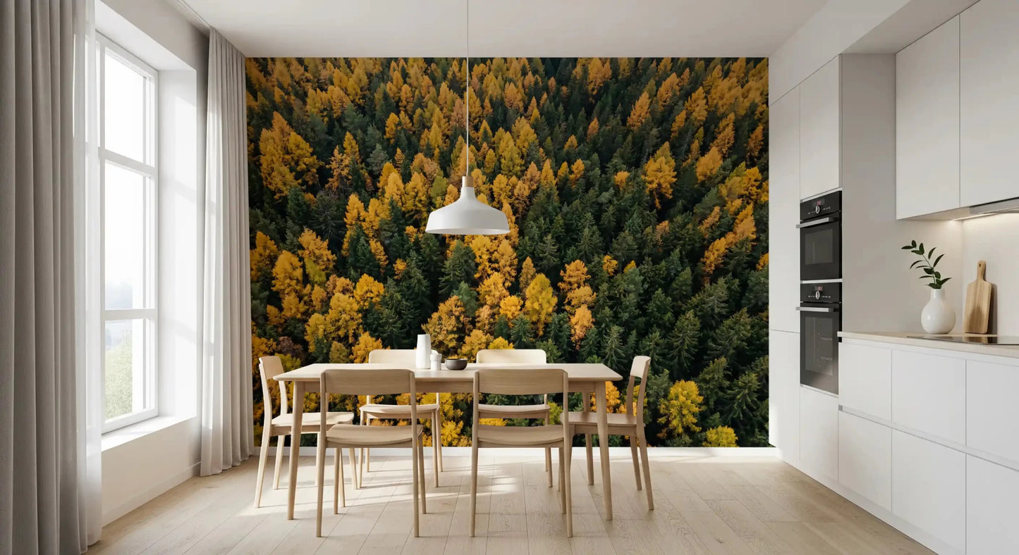 A dining area opens onto golden treetops with Emerald and Gold Forest Canopy wall mural.GD9602