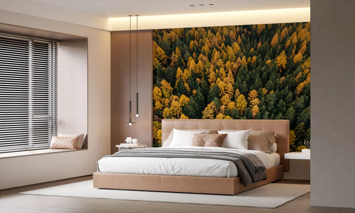 Yellow larch and dark evergreens fill the bedroom on Emerald and Gold Forest Canopy wall mural.GD9602