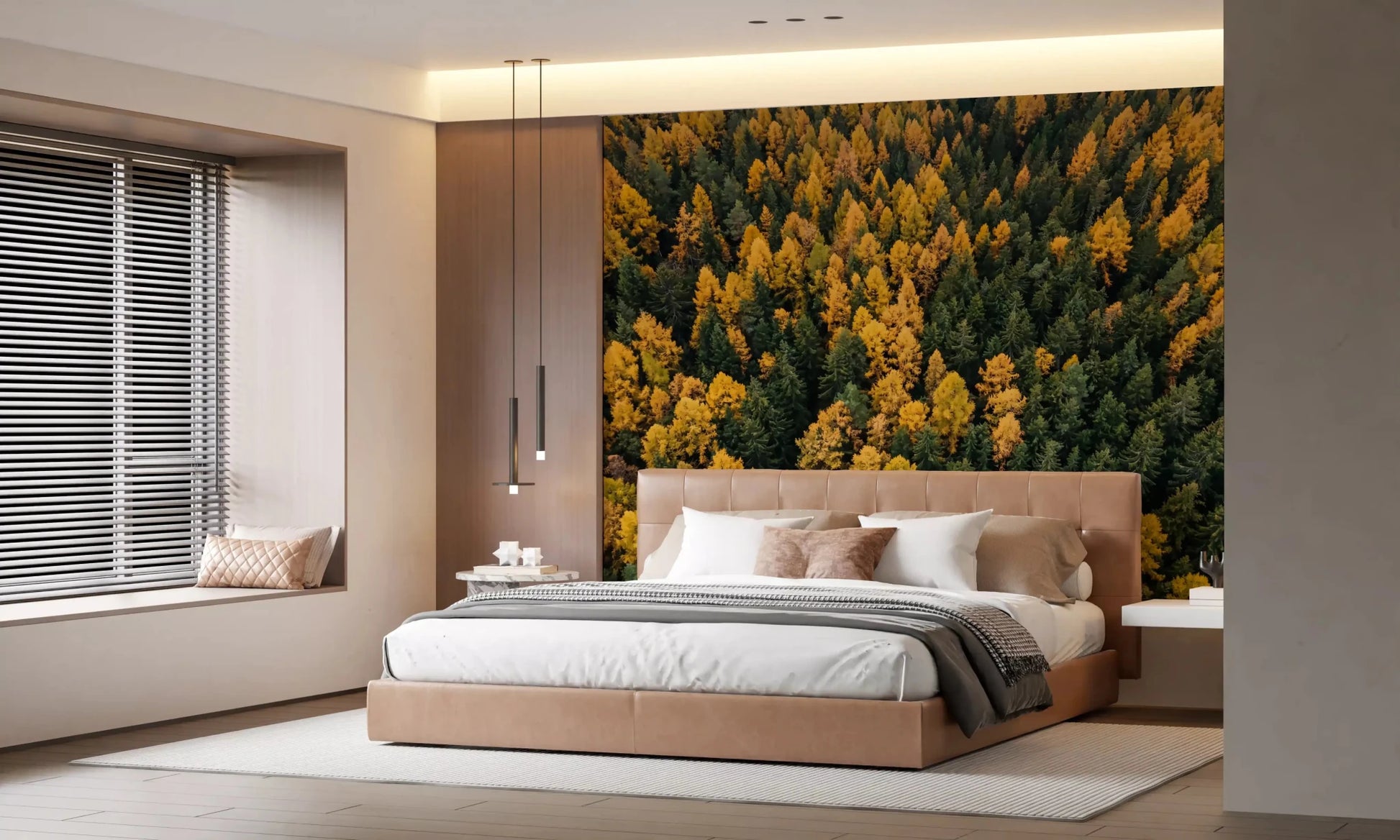 Yellow larch and dark evergreens fill the bedroom on Emerald and Gold Forest Canopy wall mural.GD9602
