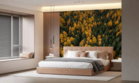 Yellow larch and dark evergreens fill the bedroom on Emerald and Gold Forest Canopy wall mural.GD9602