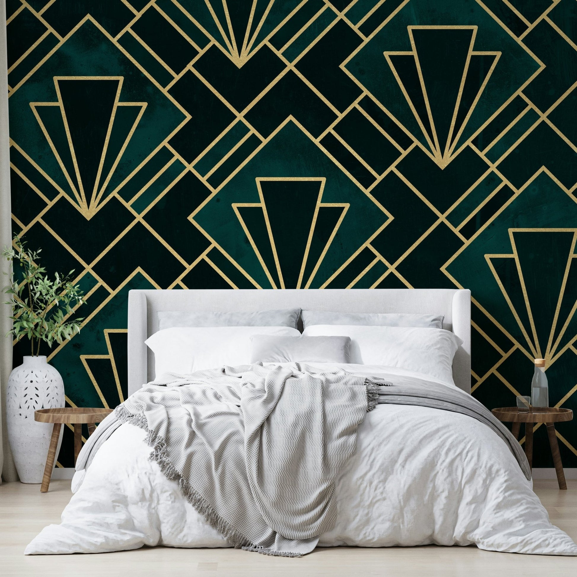 Luxurious Emerald Art Deco Wall Mural with Mosaic Detail

