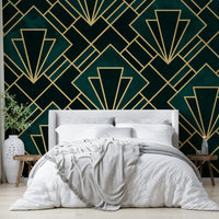 Luxurious Emerald Art Deco Wall Mural with Mosaic Detail

