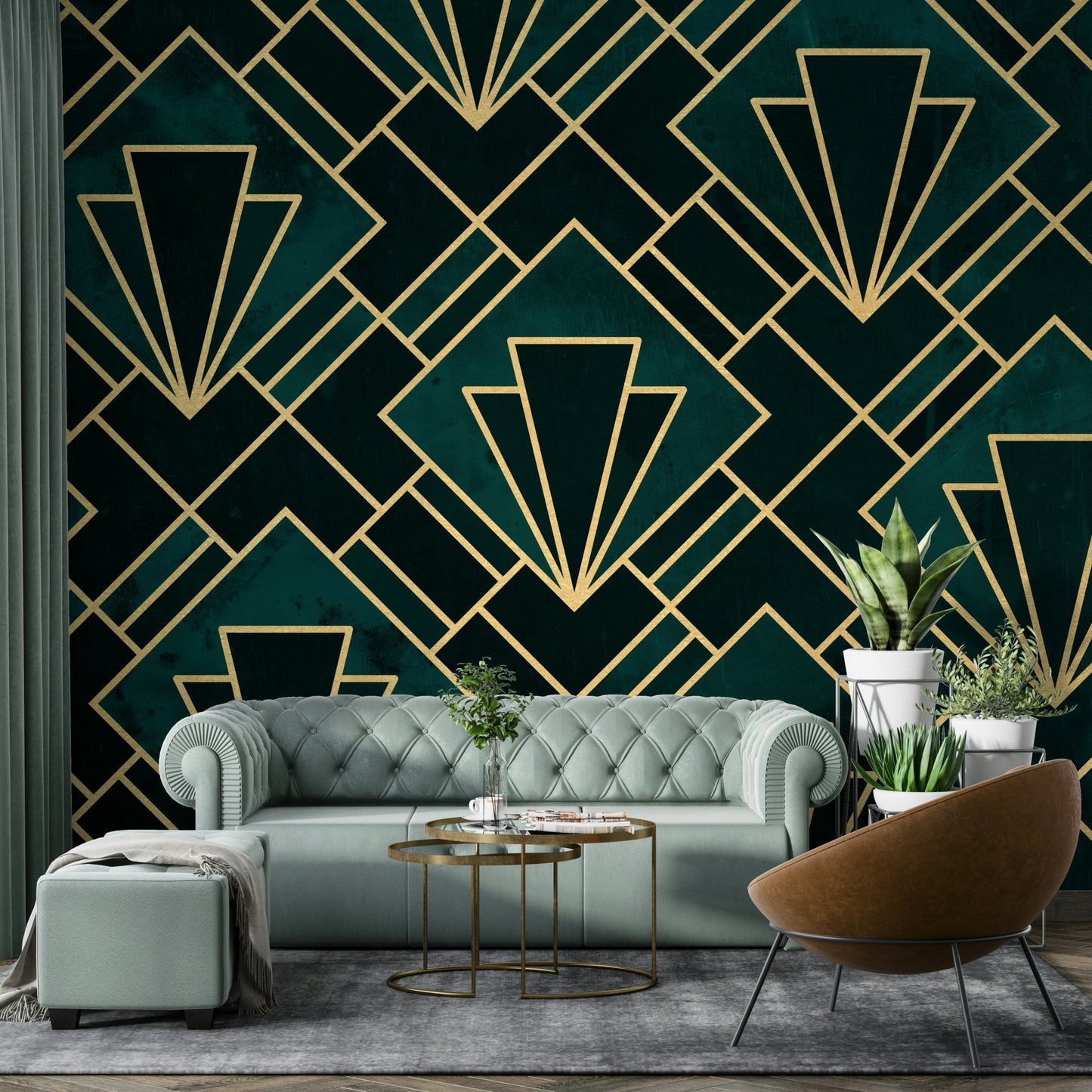 Elegant Emerald Art Deco Mosaic Wall Mural Design

