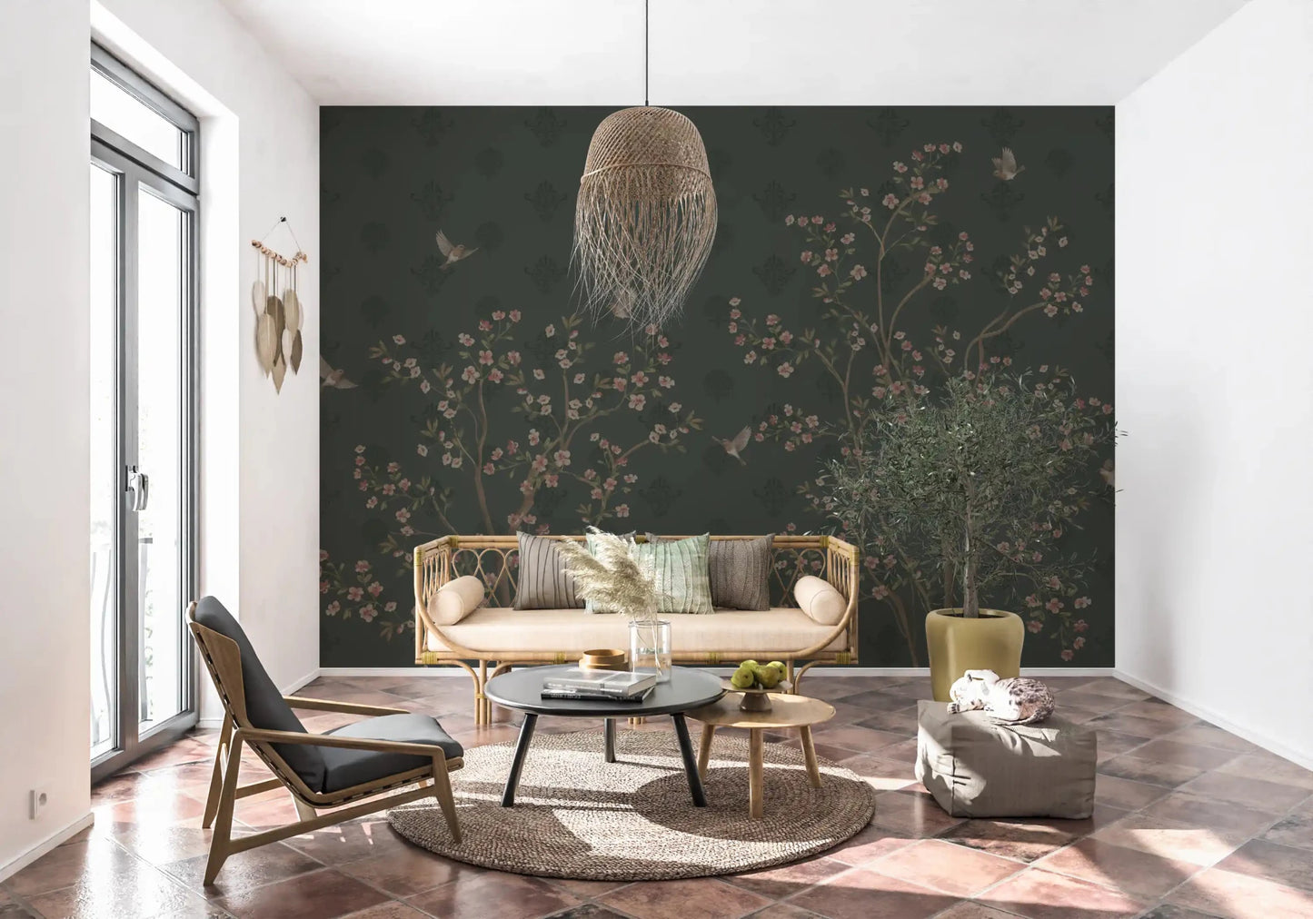Bird wall mural featuring pink flowers on dark green base, GD8974