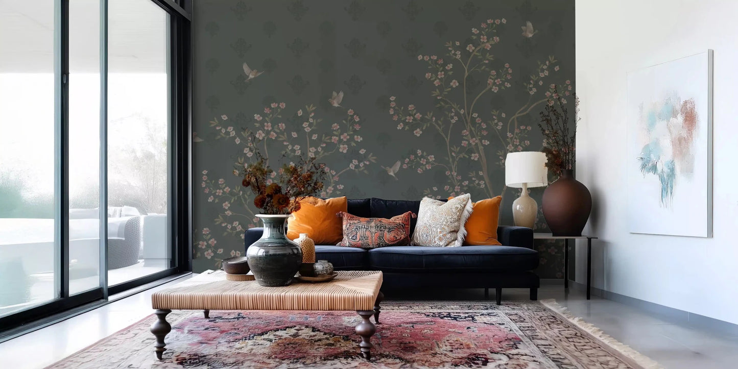 Floral mural with flying birds and elegant tree branches, GD8974