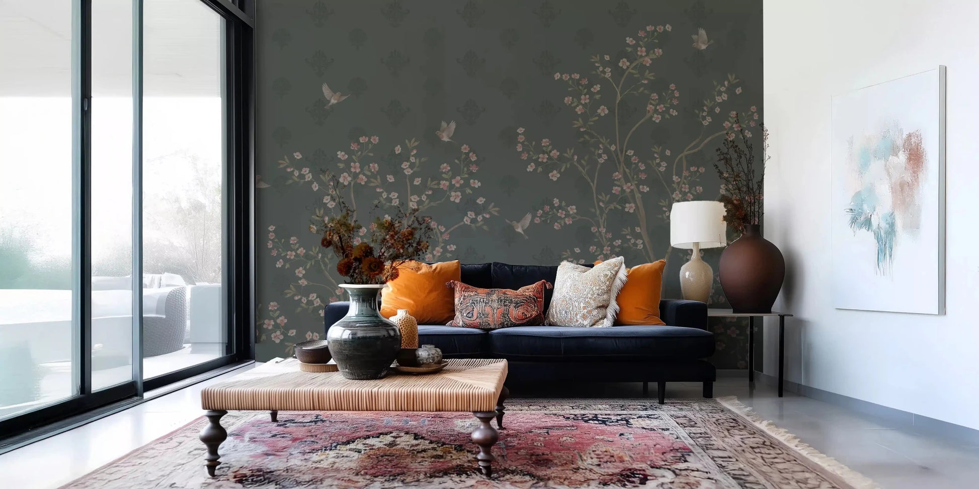 Floral mural with flying birds and elegant tree branches, GD8974