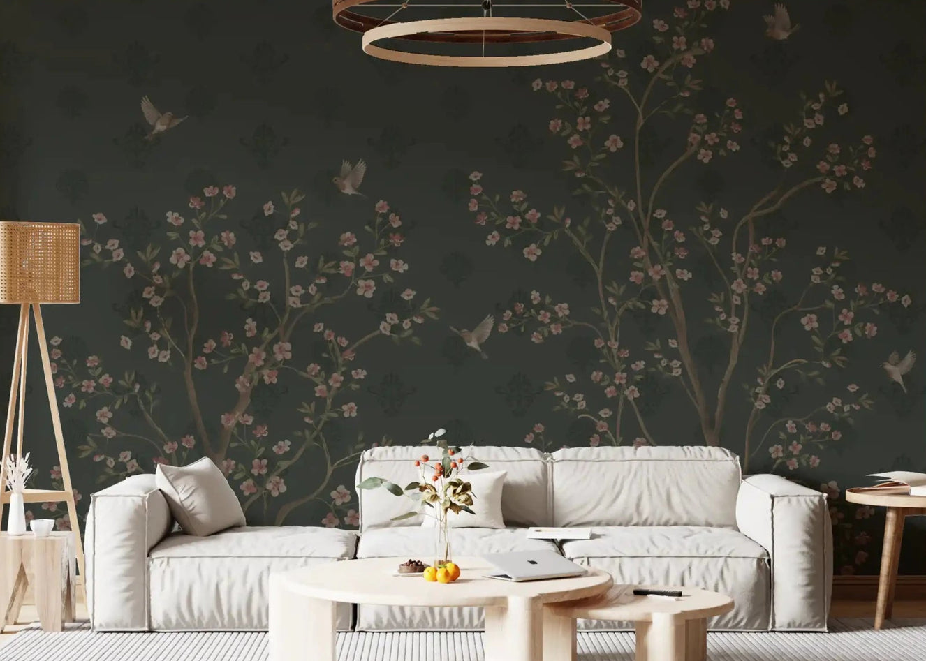Living room Emerald Bloom & Flight Wall Mural with birds and blossoms