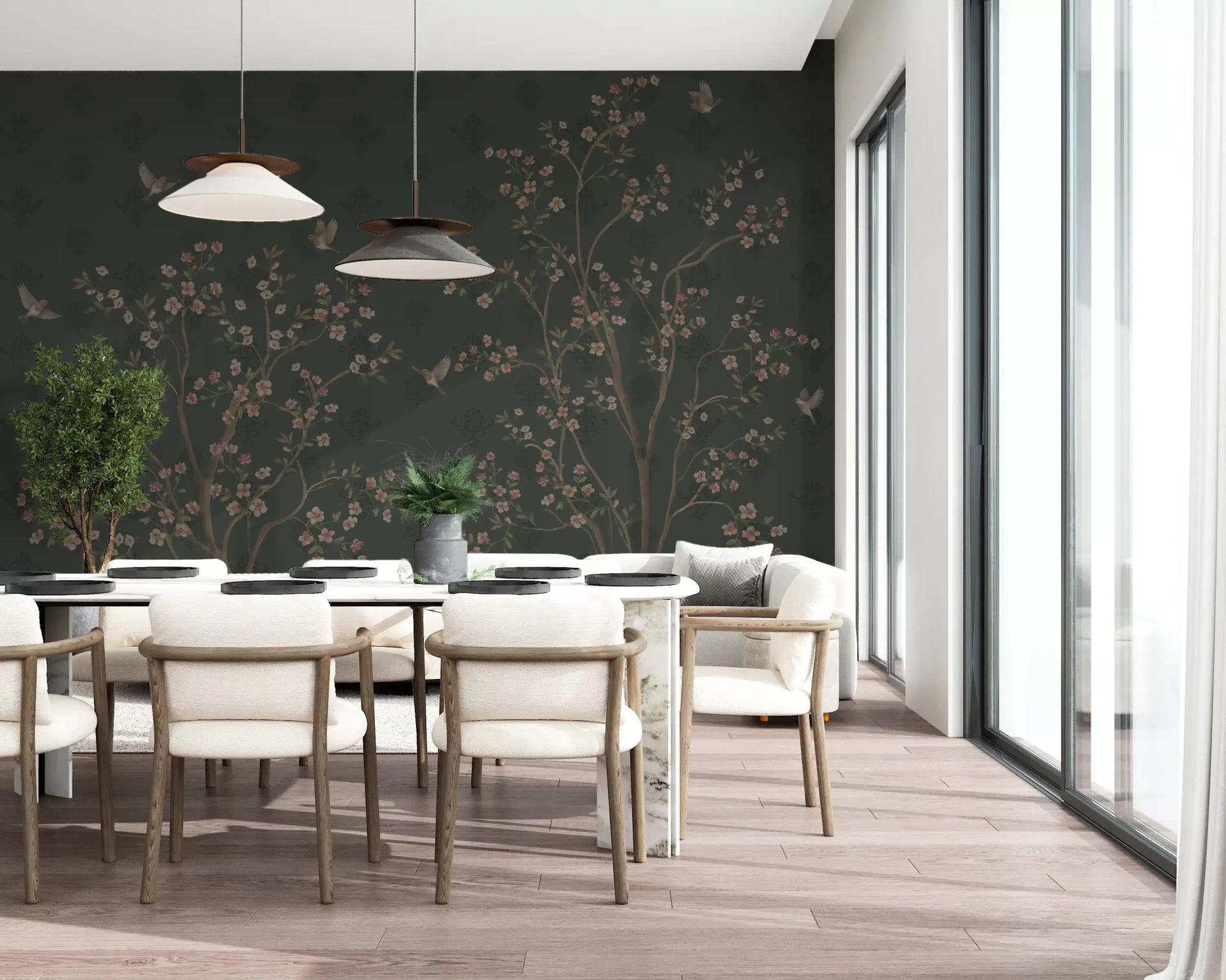 Dining room emerald floral wall mural with birds in flight, GD8974