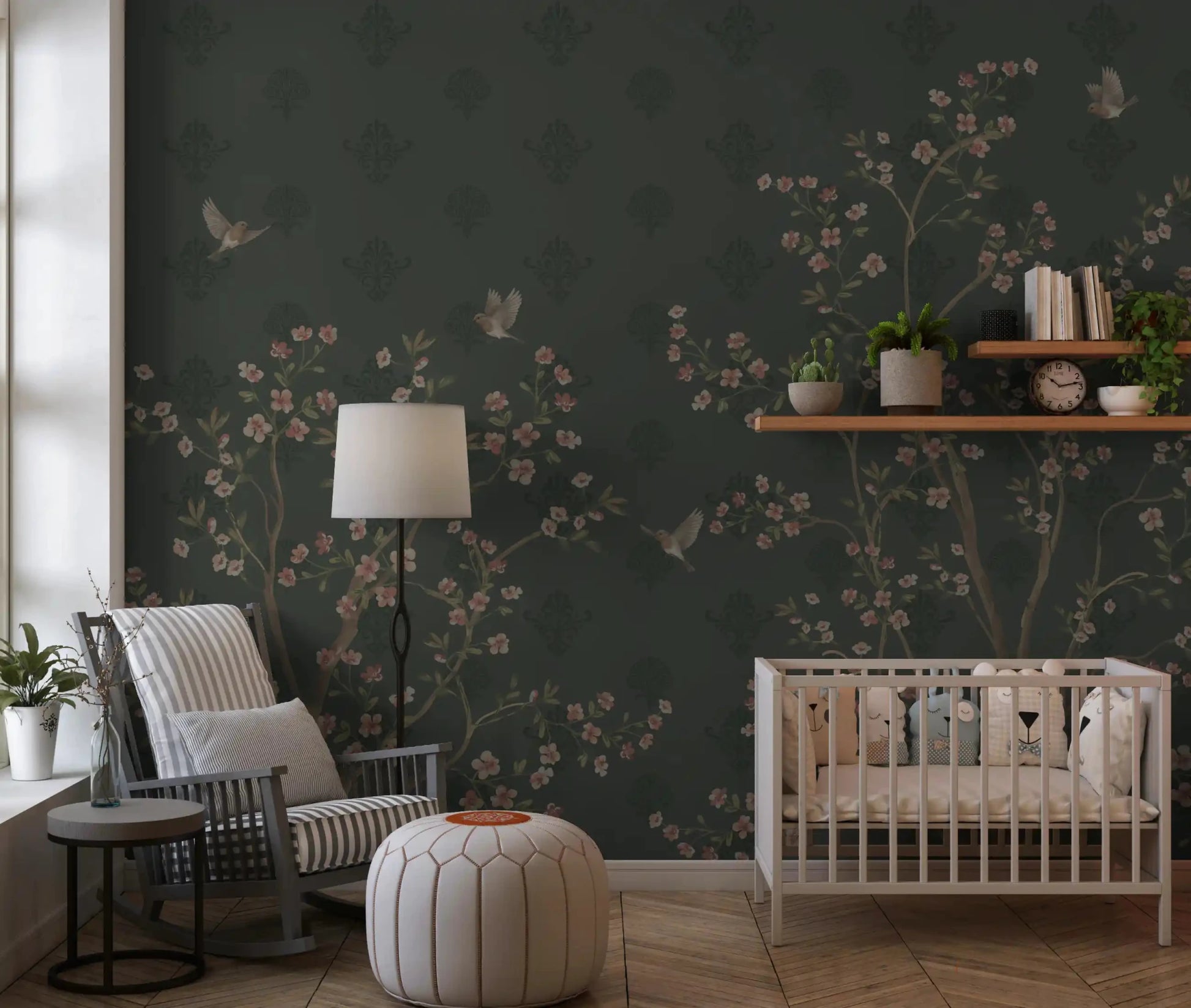 Botanical wall mural with delicate flowers and birds in motion, GD8974