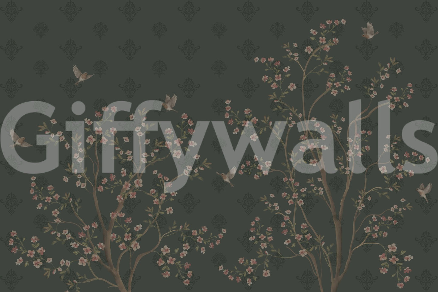 Nature wall mural with blossom branches across emerald backdrop, GD8974
