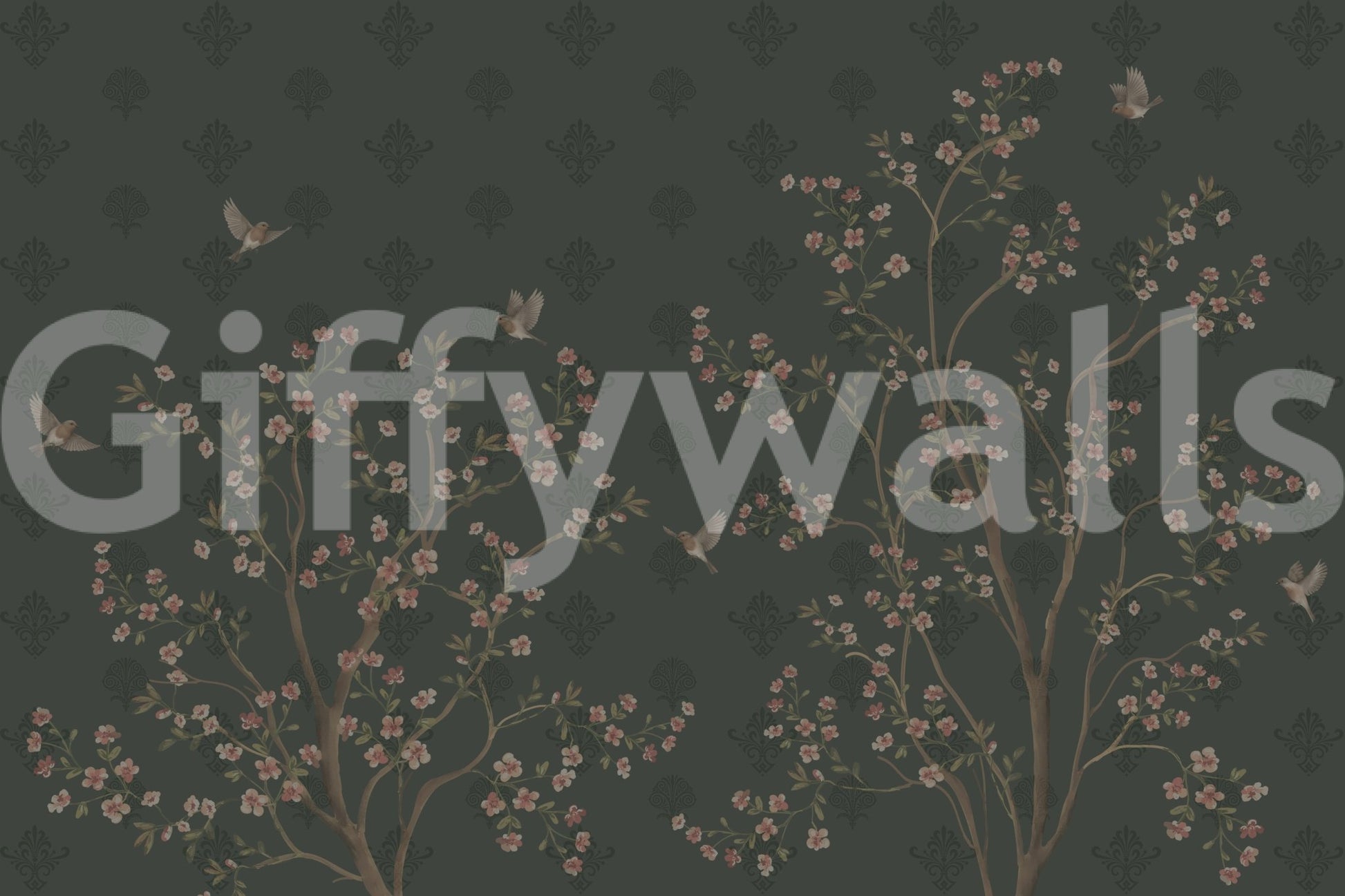 Nature wall mural with blossom branches across emerald backdrop, GD8974