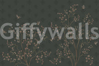 Nature wall mural with blossom branches across emerald backdrop, GD8974