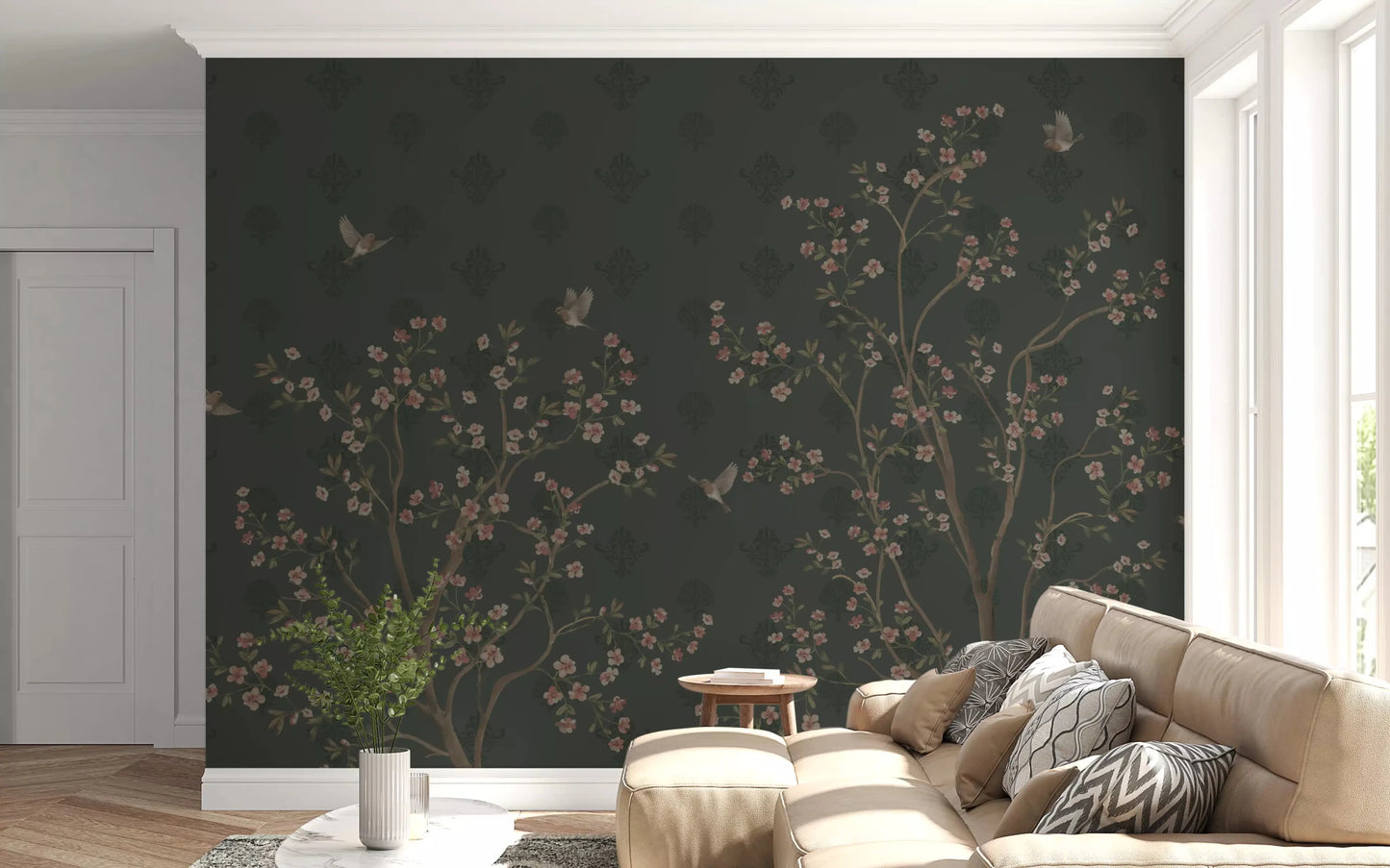 Dark green mural with flowering trees and soft bird artwork, GD8974