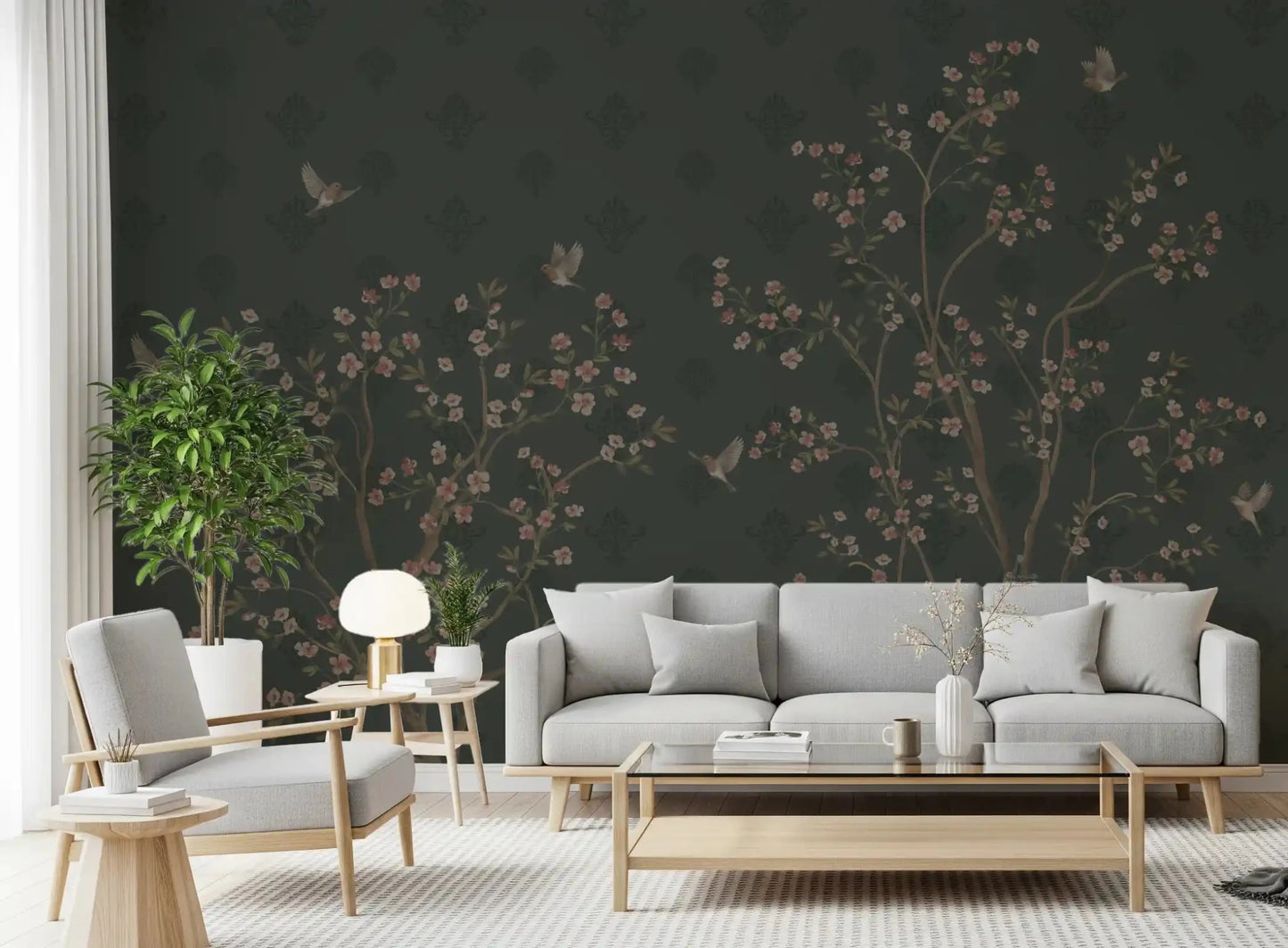 Emerald wall mural with blossom details and nature pattern, GD8974
