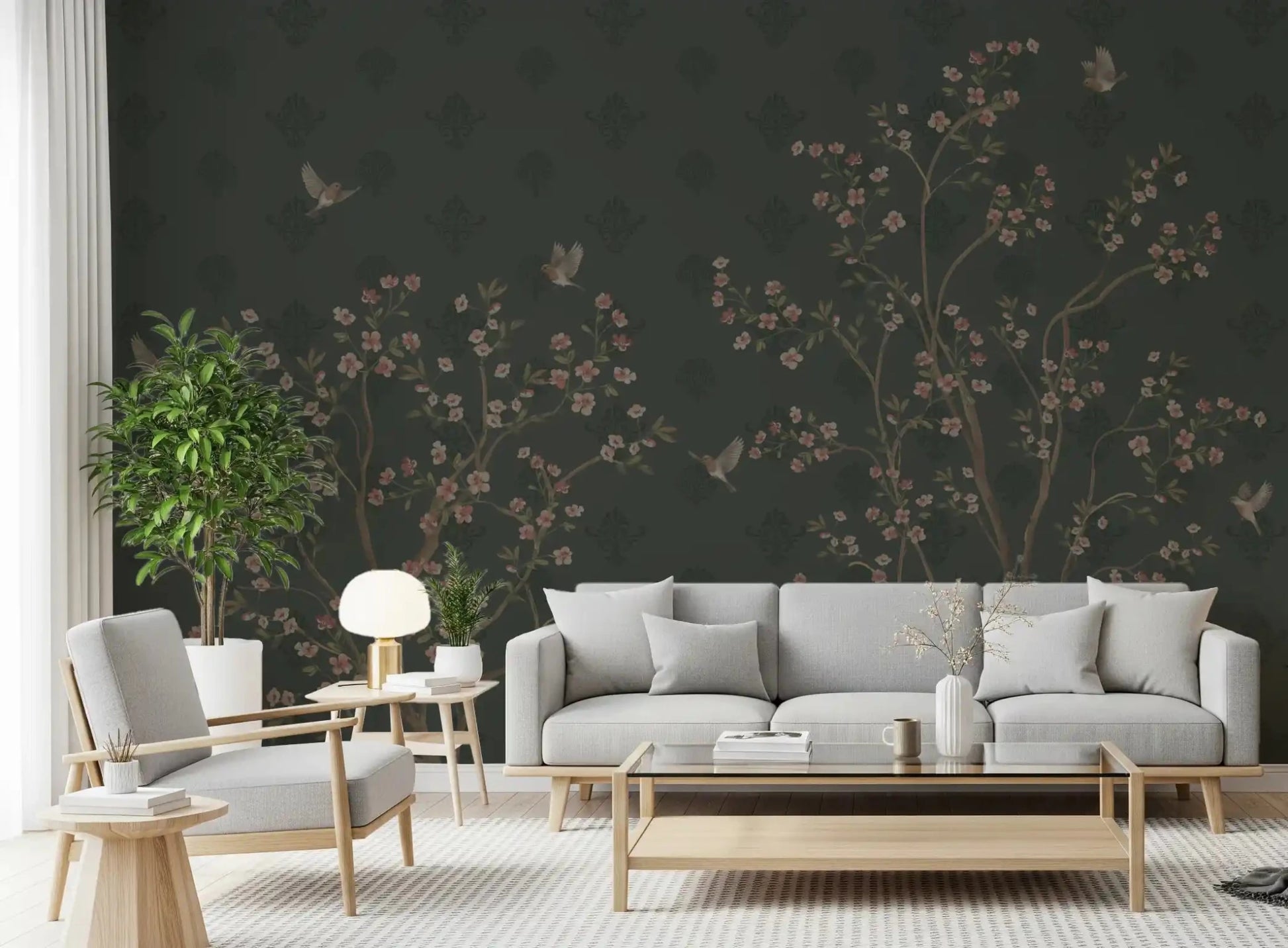 Emerald wall mural with blossom details and nature pattern, GD8974