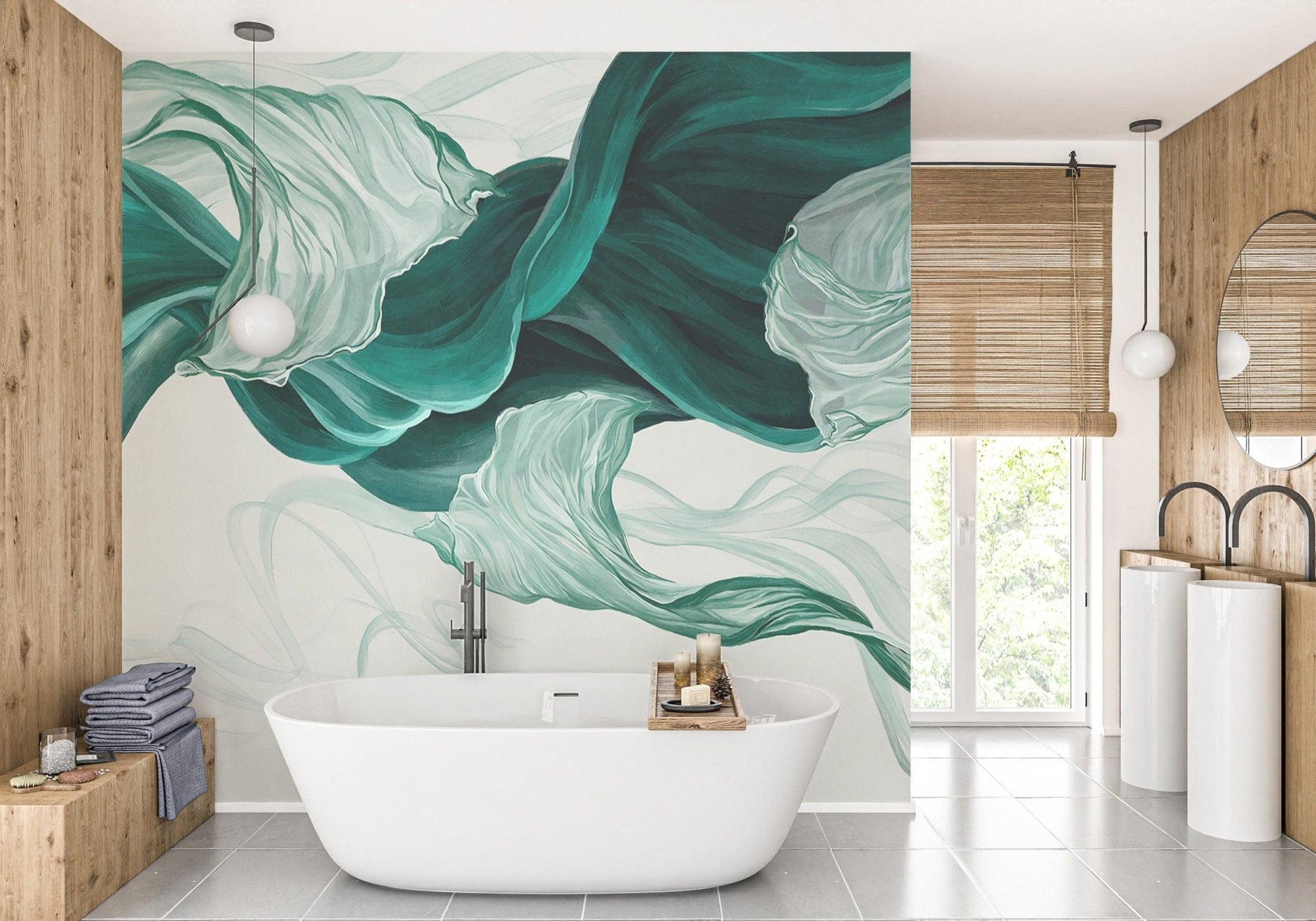 Artistic Emerald Fabric Flow Wallpaper
