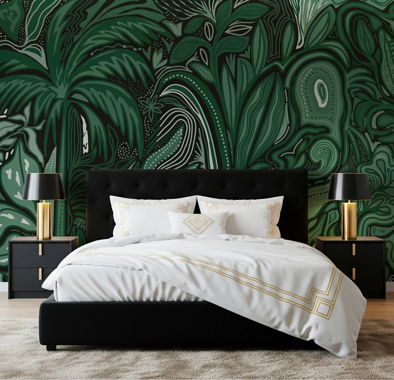 Bedroom with Emerald Canopy Jungle Noctiverdis Plants Wall Mural behind a black bed